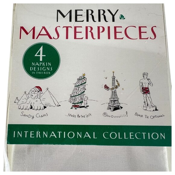New Merry Masterpieces Christmas Cloth Napkins With Holiday Designs Set of 4 VTG - Picture 2 of 7